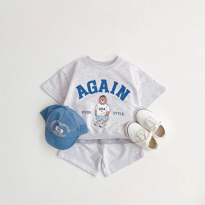 Summer Baby Kids Unisex Casual Letters and Teddy Bear Pattern Short Sleeves Top T-shirt and Shorts Clothing Set