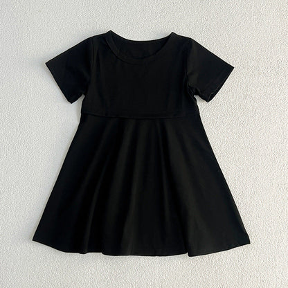Summer Hot Selling Girls’ Solid Color Black Short Sleeves Slim Fit Dress