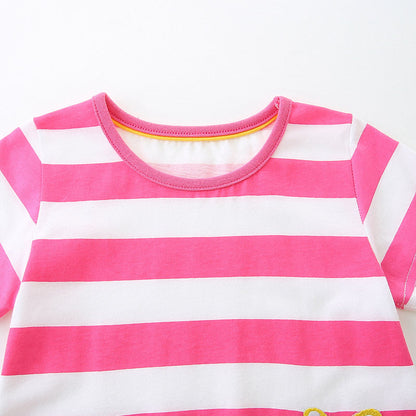 Summer Arrival Baby Girls Floral Leopards Pattern Short Sleeves Striped Dress