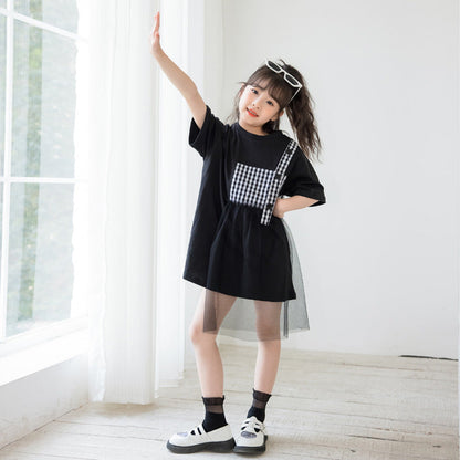 Black Plaid Patched Design Mesh Casual Dress