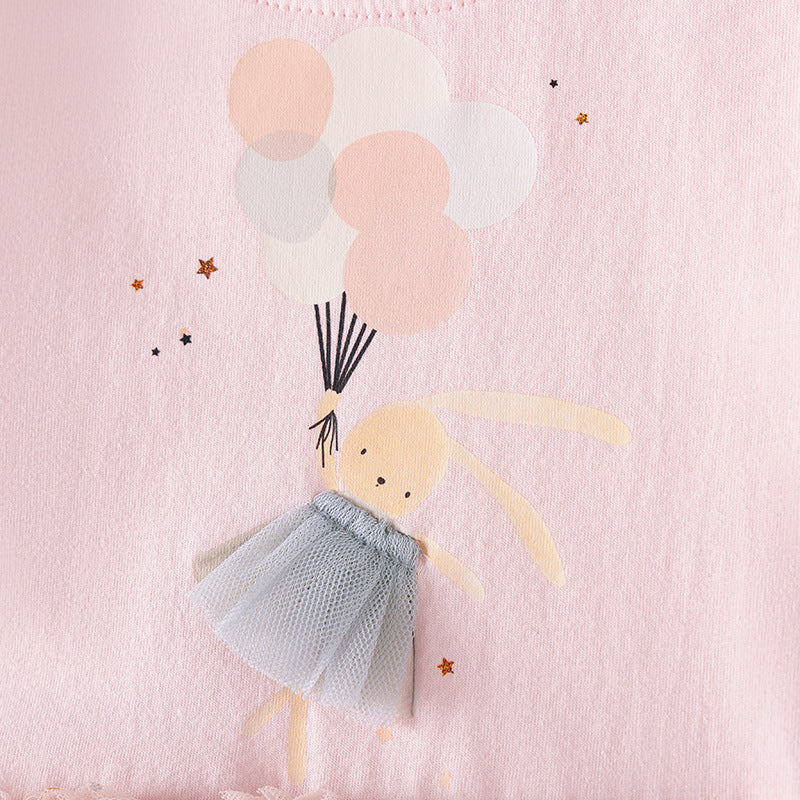 Autumn and Spring Arrival Rabbit Cartoon Pattern Long Sleeves Tulle Patchwork Dress for Stylish Girls