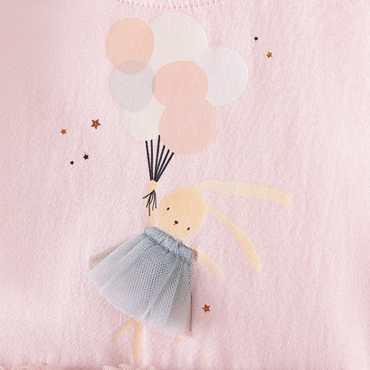 Autumn and Spring Arrival Rabbit Cartoon Pattern Long Sleeves Tulle Patchwork Dress for Stylish Girls