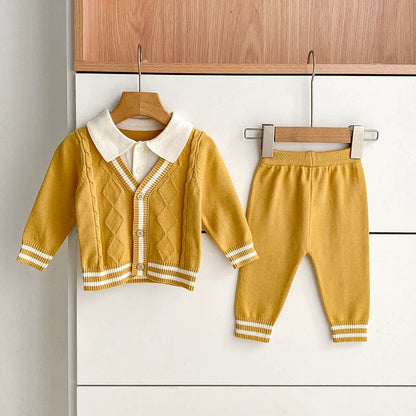 Arrival Autumn Baby Unisex Long Sleeves Color Patchwork Striped Pattern Knitted Top Cardigan and Long Trousers Clothing Set