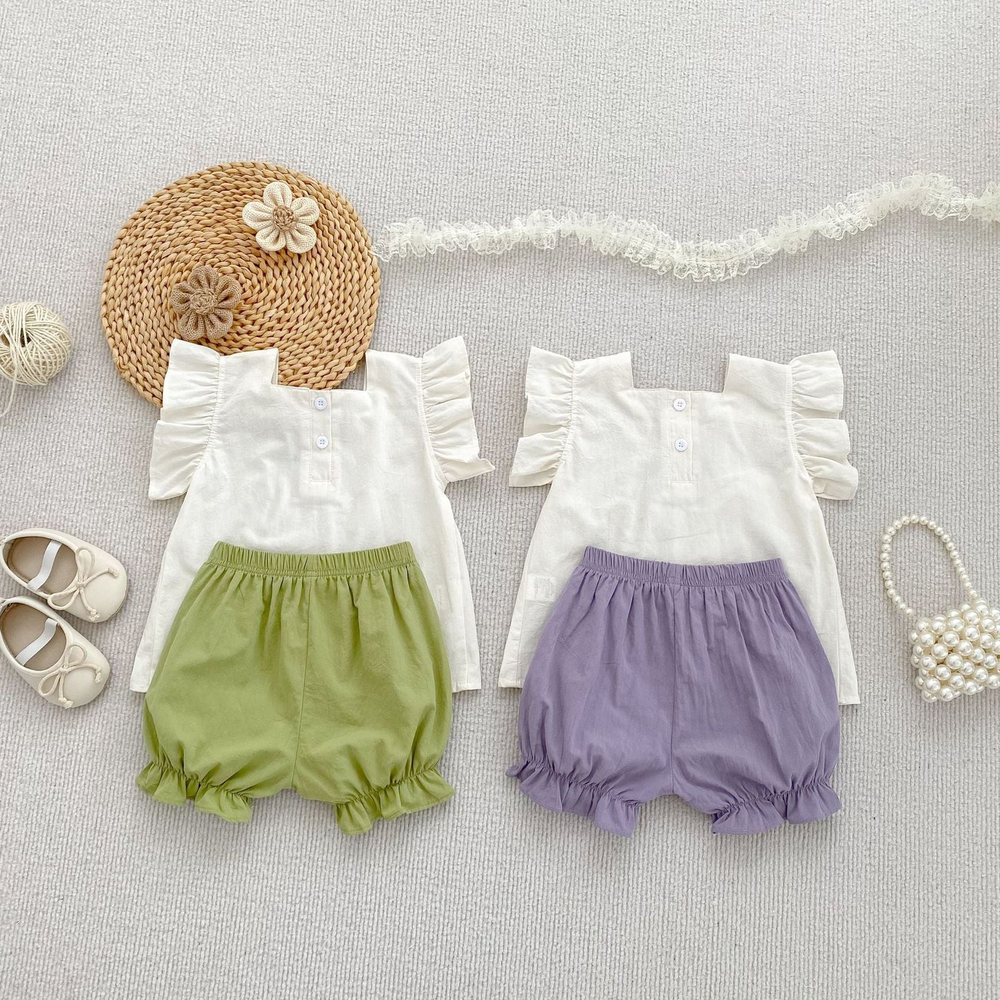 Summer Baby Kids Flowers Pattern Fly Sleeves Top and Plain Shorts Clothing Set for Girls