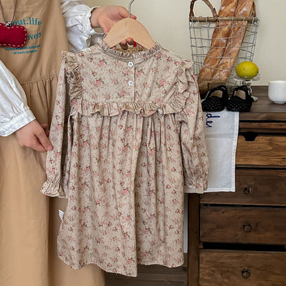 Spring and Autumn Ruffle Edged Neck French Style Floral Sweet Children’s Doll Dress