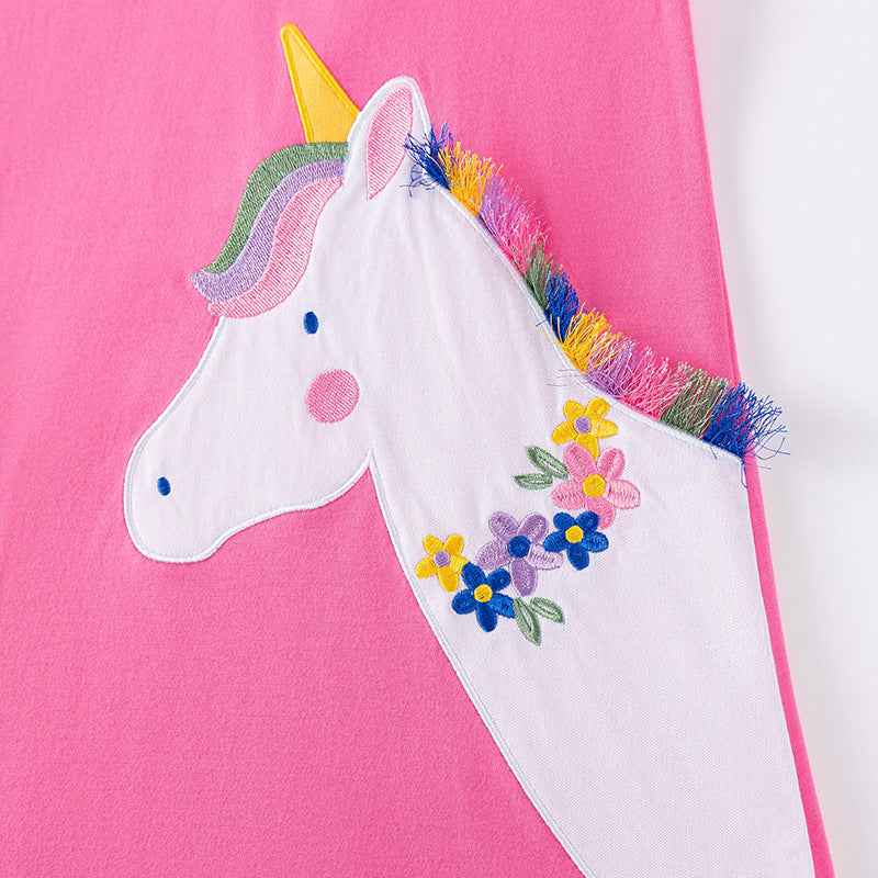 Autumn Arrival Cartoon Animals Pattern Long Sleeves Crew Neck Dress for Stylish Girls