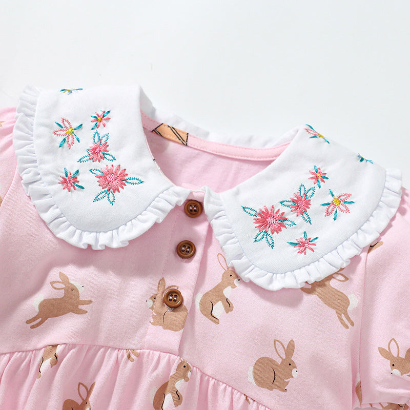 Baby Girls Peter Pan Floral Collar Short Sleeves Rabbits Pattern Dress