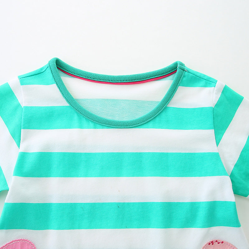 Summer Arrival Cotton Animals Pattern Short Sleeves Striped Dress for Stylish Girls