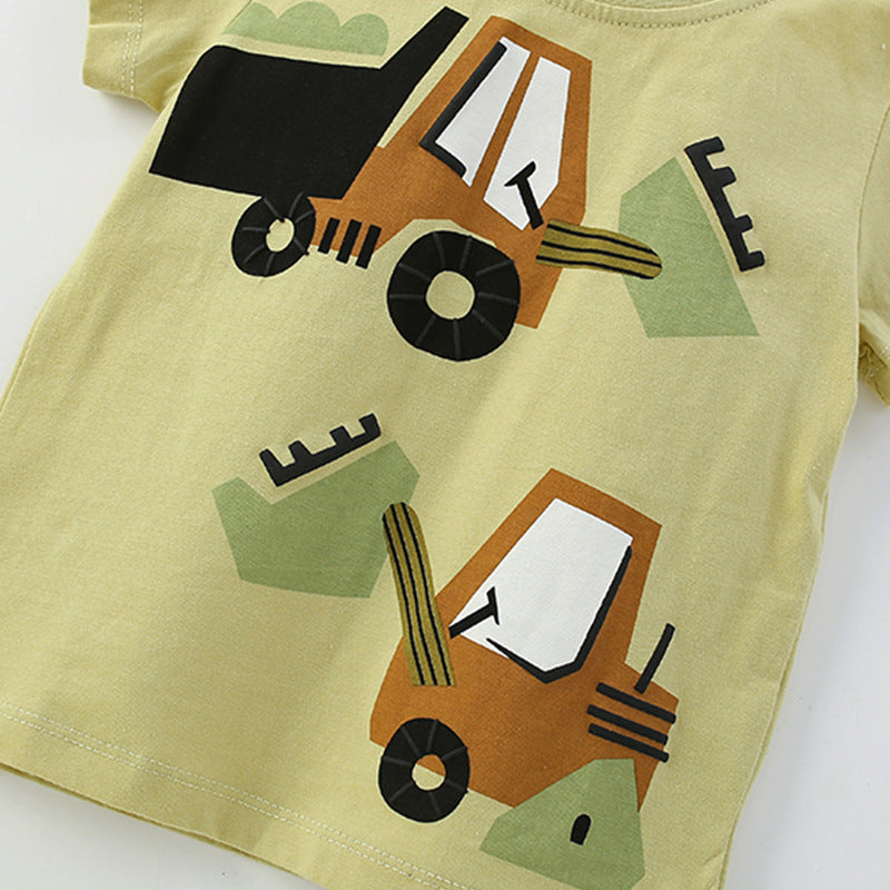 Summer Baby Kids Casual Excavator Cartoon Pattern T-shirt and Shorts Clothing Set for Boys