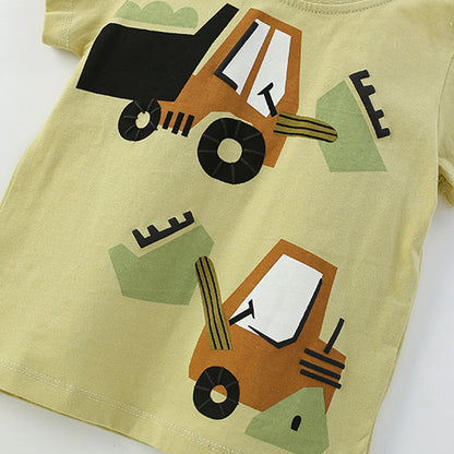 Summer Baby Kids Casual Excavator Cartoon Pattern T-shirt and Shorts Clothing Set for Boys