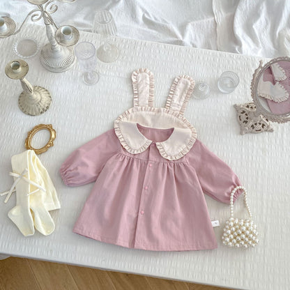 Spring and Autumn Rabbit Design Long-sleeved Dress with Ear Collar for Stylish Girls