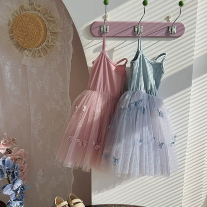 Summer Arrival Butterfly Pattern Sleeveless Tulle Patchwork Dress for Stylish Girls