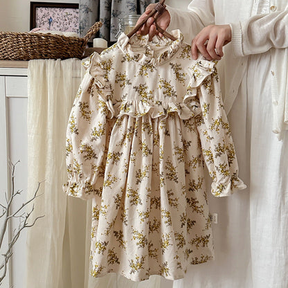 Arrival Autumn Girls French Style Ruffle Neck Long Sleeves Floral Pattern Dress