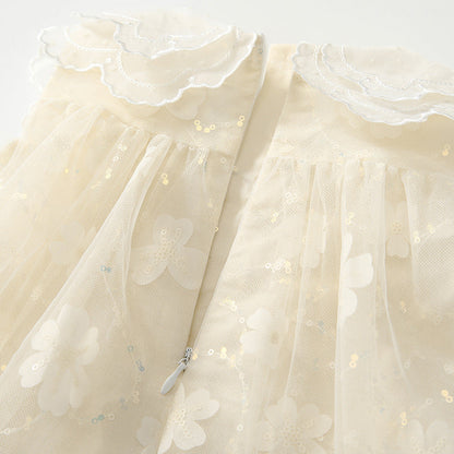 Summer Arrival Baby Girls Cute Floral Pattern Tulle Sleeveless Dress with Collar