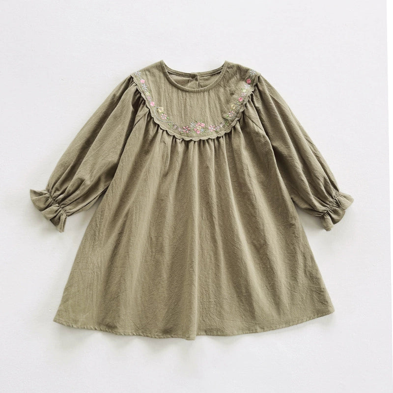 Arrival Autumn Girls Flowers Embroidery Pattern Long Sleeves Dress