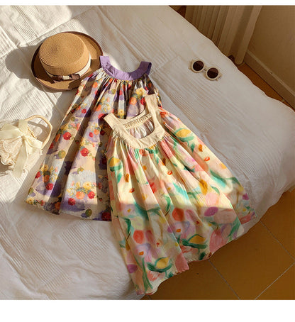 Summer Arrival Baby Kids Girls Cute Sleeveless Oil-Painting Flowers Pattern Printed Dress