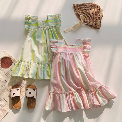 Summer Arrival Baby Kids Girls Fly Sleeves Striped Pattern Dress