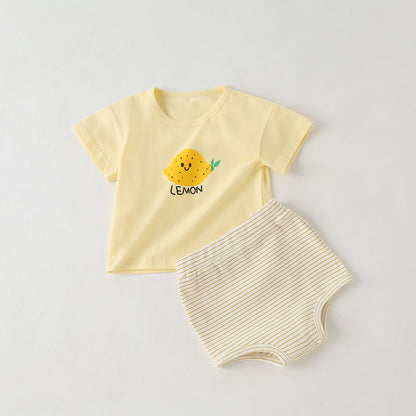 Baby Girl Fruit Pattern Short Sleeve Tops Combo Striped Graphic Triangle Shorts One Pieces Sets