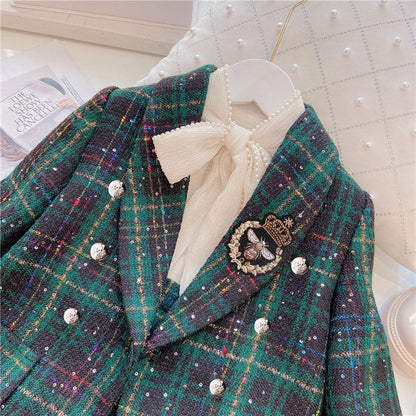 Girls Dark Green Plaid With Dots Open Front Cardigan&Skirt Preppy Suits