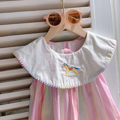 Summer Baby Kids Girls Sleeveless Horse Pattern Embroidered Striped Dress