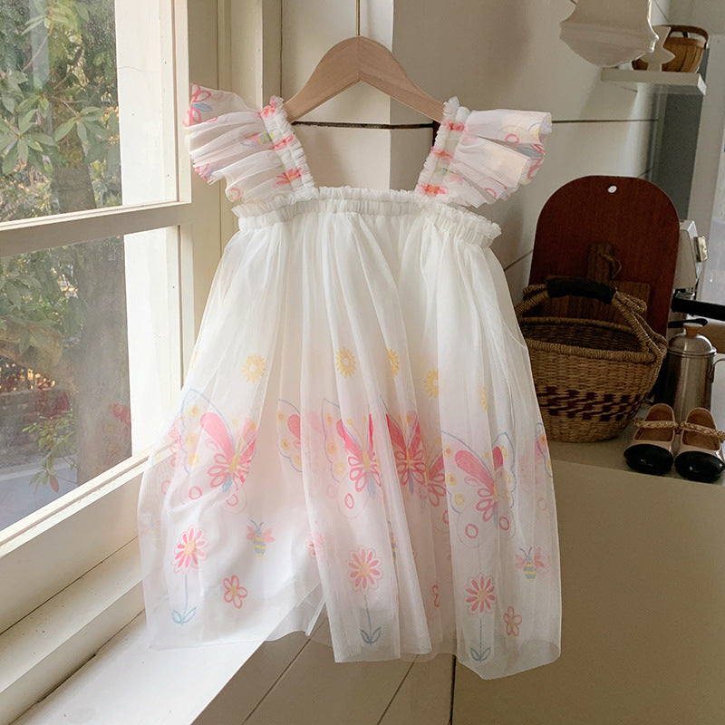 Summer Arrival Butterfly Pattern Sleeveless Tulle Dress for Stylish Girls