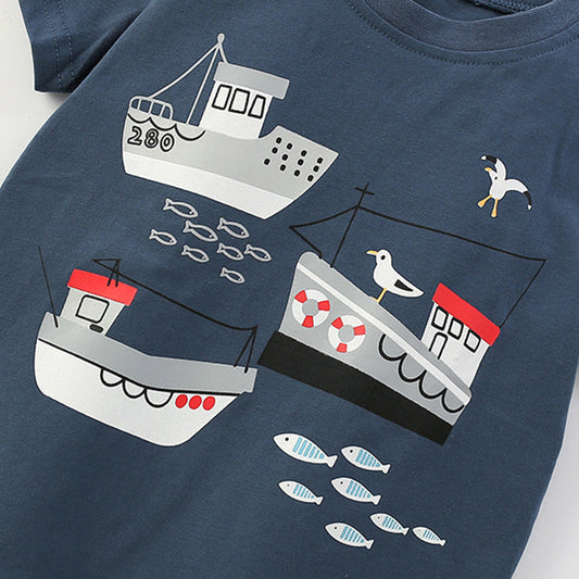 Summer Baby Kids Casual Ships Cartoon Pattern T-shirt and Striped Shorts Clothing Set for Boys