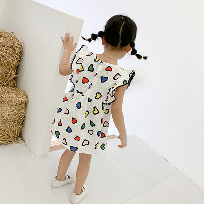 Best Selling Summer Baby Kids Girls Colorful Heart Pattern Fly Sleeves Dress