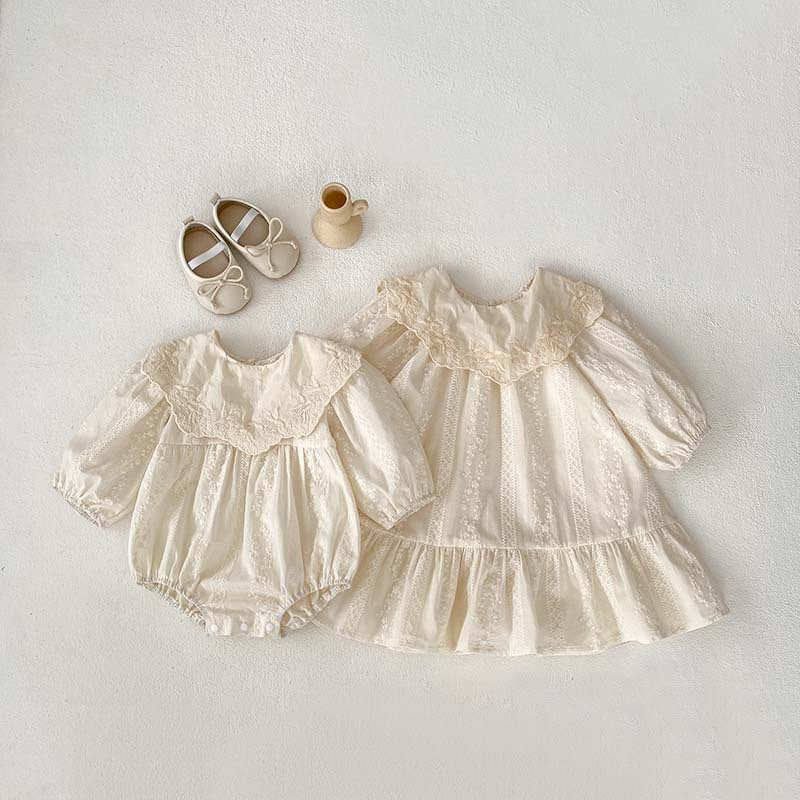Arrival Spring Baby Kids Girls Ruffle Collar Long Sleeves Floral Embroidery Onesies And Dress – Princess Sister Matching Set