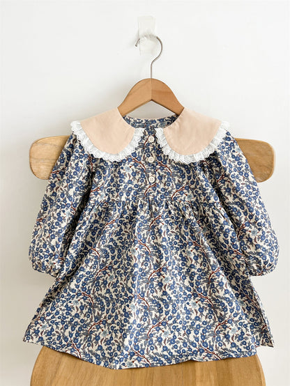 Spring and Autumn Vintage Floral Print Long-sleeved Dress with Lace Collar for Stylish Girls