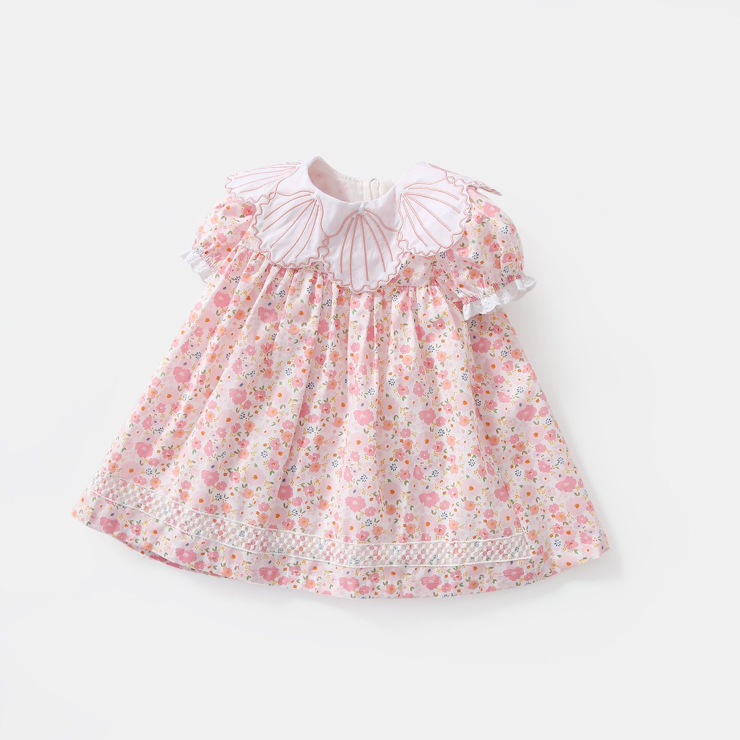 Baby Girl Short-Sleeved Floral Print Shell Shape Collar Pattern A Version Dress