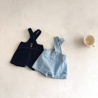 Summer Arrival Baby Kids Unisex Sleeveless Solid Color Denim Strap Overalls and White T-Shirt Clothing Set