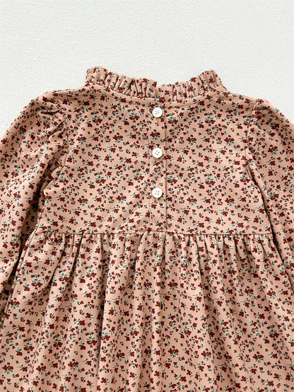 Spring and Autumn Corduroy Long-sleeved Dress with Ruffle Neck for Stylish Girls