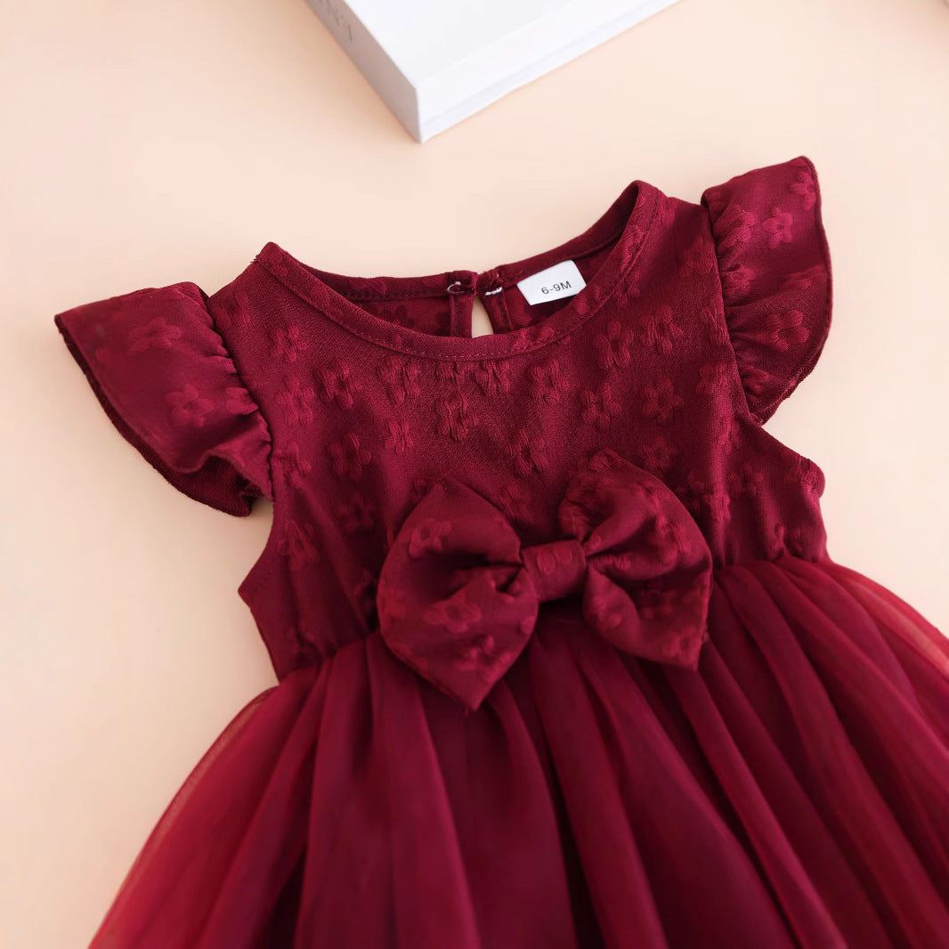 Summer Hot Selling Kids Girls Cute Fly Sleeves Flowers Jacquard Pattern Tulle Dress