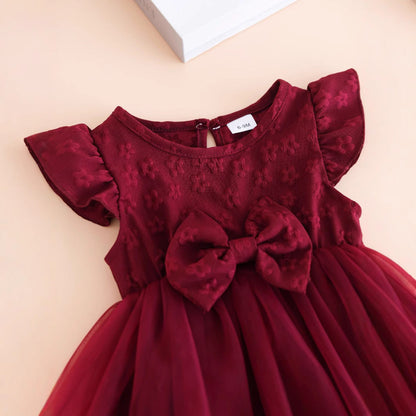 Summer Hot Selling Kids Girls Cute Fly Sleeves Flowers Jacquard Pattern Tulle Dress