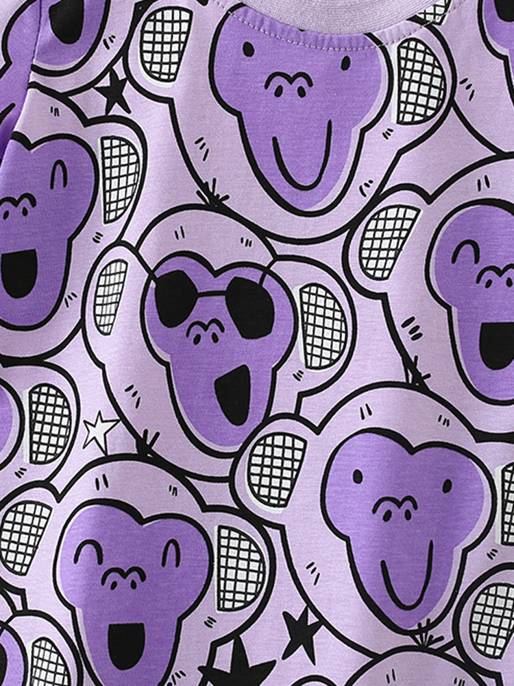 Summer Baby Kids Girls Cartoon Monkey Pattern Short Sleeves T-Shirt And Shorts Casual Clothing Set