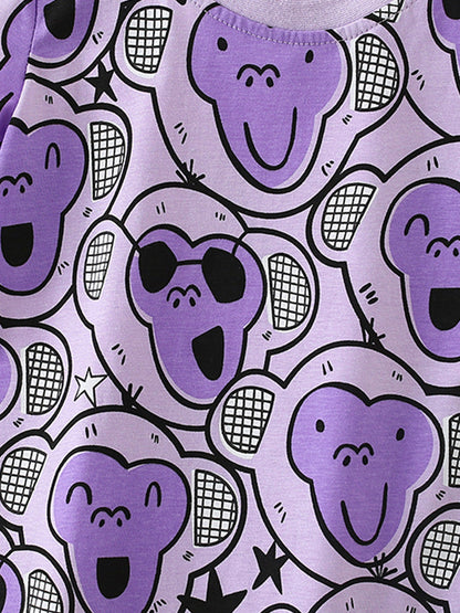 Summer Baby Kids Girls Cartoon Monkey Pattern Short Sleeves T-Shirt And Shorts Casual Clothing Set