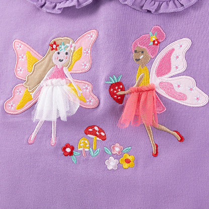 Spring and Autumn Girls Fairy Cartoon Pattern Long Sleeves Sweatshirt and Purple Pants Clothing Set