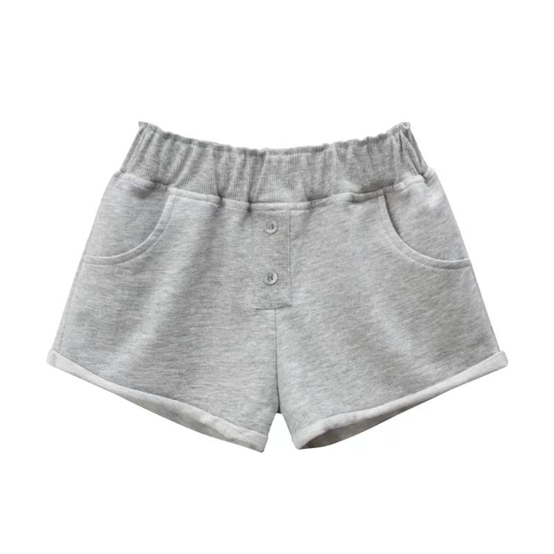 Baby Girl Solid Color Button Design Flap Short Pants With Pockets