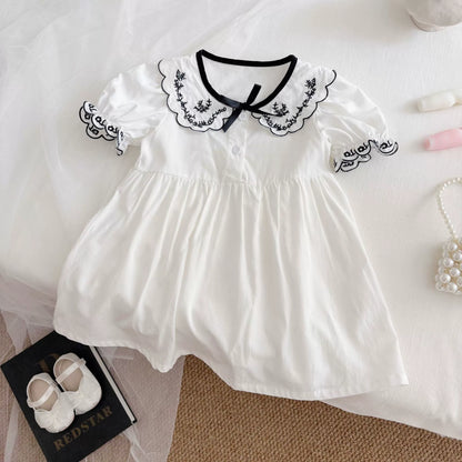 Summer Arrival Baby Girl Vintage Short Sleeves Dress with Flowers Embroidered Collar