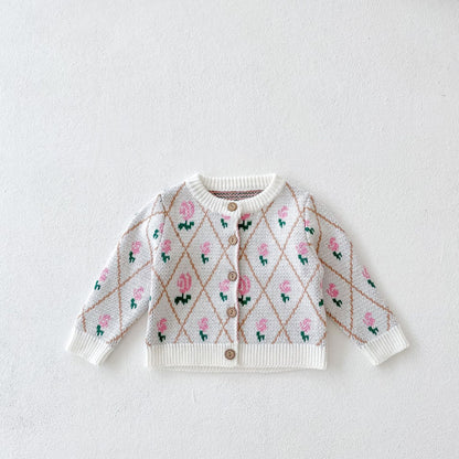 Baby Girl Allover Roses Embroidered Graphic Crotch Bodysuit & Cardigan Handmade Knitted Sets