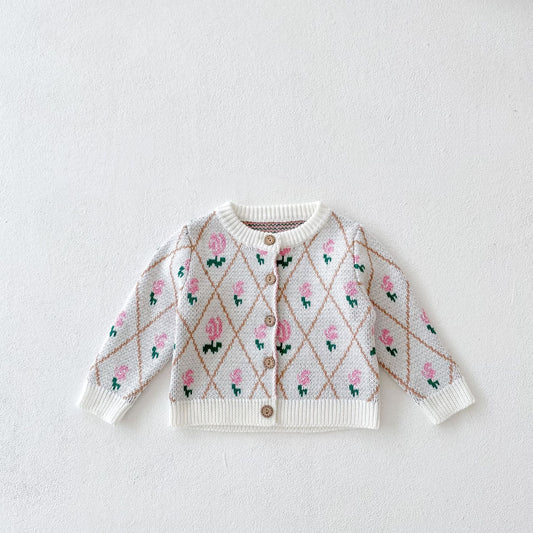 Baby Girl Allover Roses Embroidered Graphic Crotch Bodysuit & Cardigan Handmade Knitted Sets