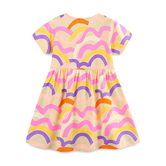 Summer Pure Cotton Waves Pattern Short Sleeves Dress for Stylish Girls