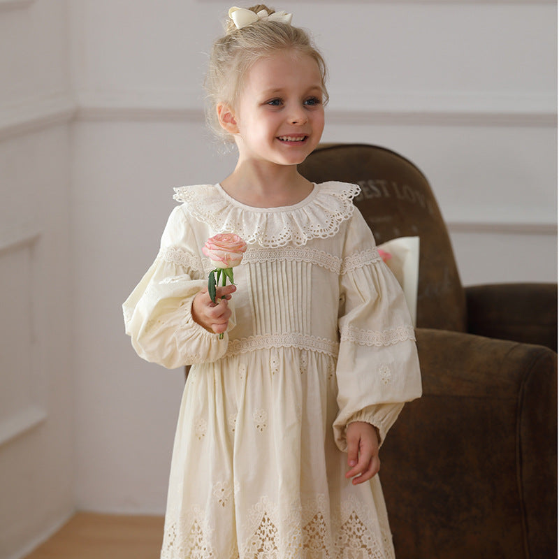 Spring and Autumn Solid Color Long-sleeved Dress with Lace Collar for Stylish Girls