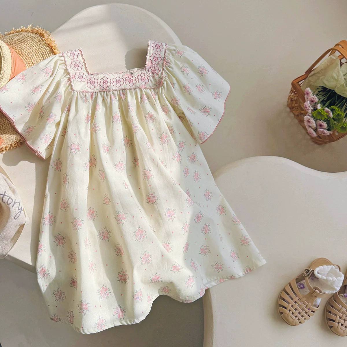 Summer Baby Kids Girls Short Sleeves Square Neck Flowers Pattern Printed Dress