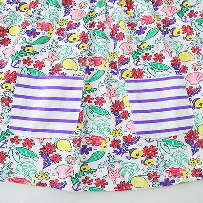 Summer Arrival Flowers Pattern Short Sleeves Crew Neck Dress for Stylish Girls