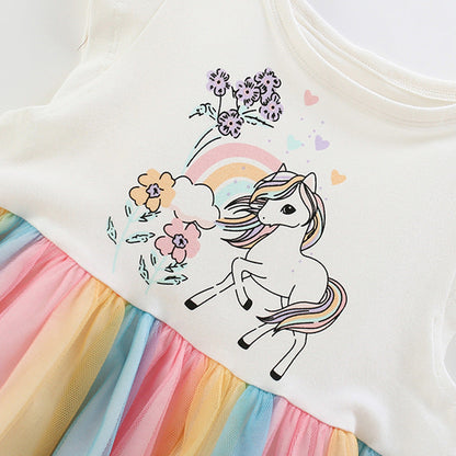 Summer Arrival Animals and Flowers Cartoon Pattern Fly Sleeves Tulle Patchwork Dress for Stylish Girls