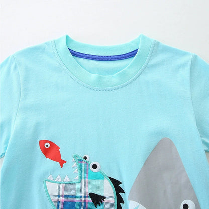 Summer Baby Kids Cartoon Marine Animals Pattern T-shirt and Plaid Shorts Casual Clothing Set for Boys
