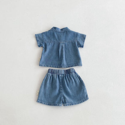 Summer Hot Selling Baby Kids Boys Short Sleeves Denim Single Breasted Top and Shorts Clothing Set