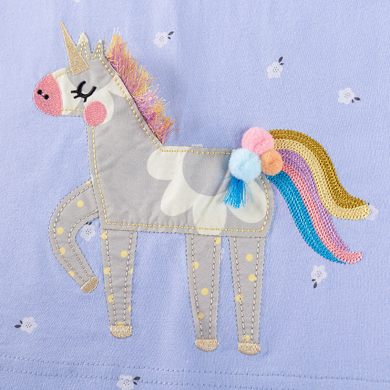 Autumn Arrival Cartoon Horse and Flowers Pattern Long Sleeves Crew Neck Dress for Stylish Girls