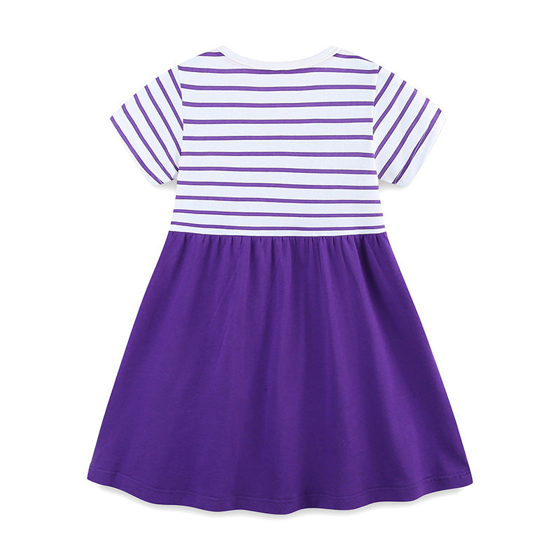 Summer Arrival Colorful Animals Pattern Short Sleeves Striped Dress for Stylish Girls